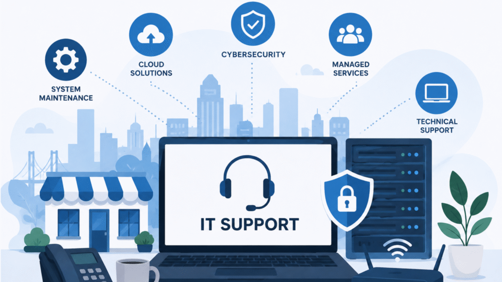 IT support services for small businesses in Houston, covering technology management, cybersecurity, and business IT solutions.