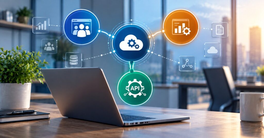 Software integration connecting CRM, ERP and APIs for businesses
