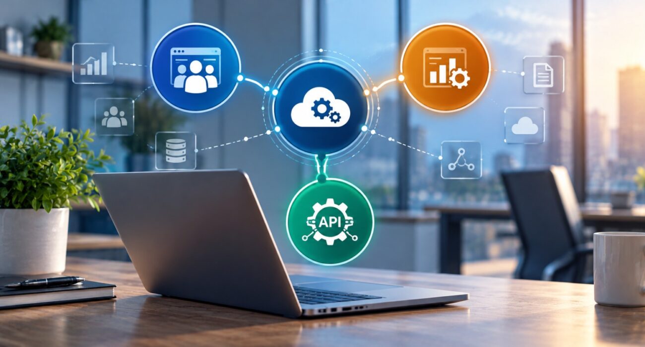 Software integration connecting CRM, ERP and APIs for businesses