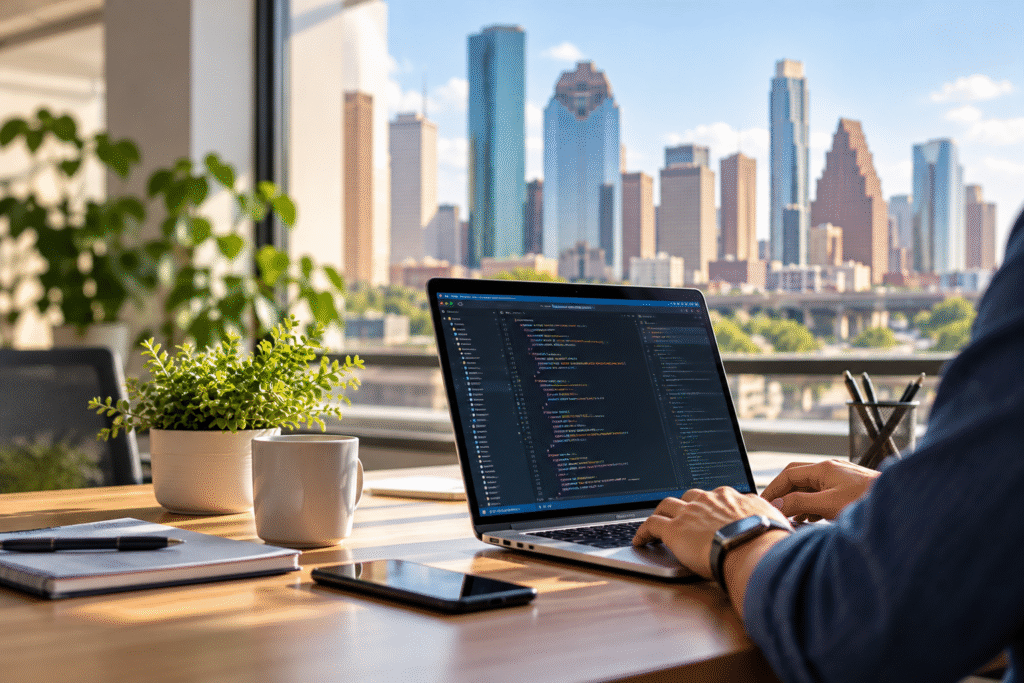 Web developers creating a business website for a small business in Texas