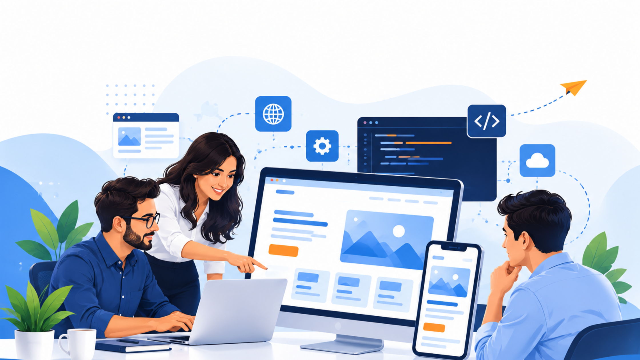 Website development team creating a responsive business website for companies in Houston